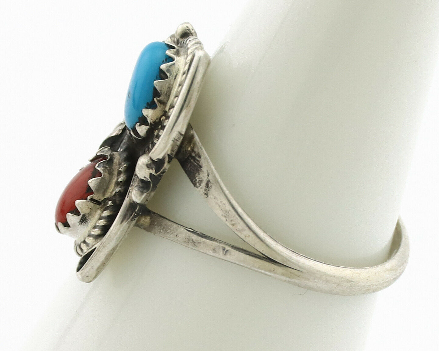 Navajo Ring .925 Silver Morenci Turquoise & Coral Native Artist Signed JM C.80's