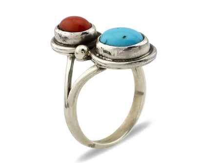 Navajo Handmade Ring 925 Silver Coral & Turquoise Native American Artist C.80's