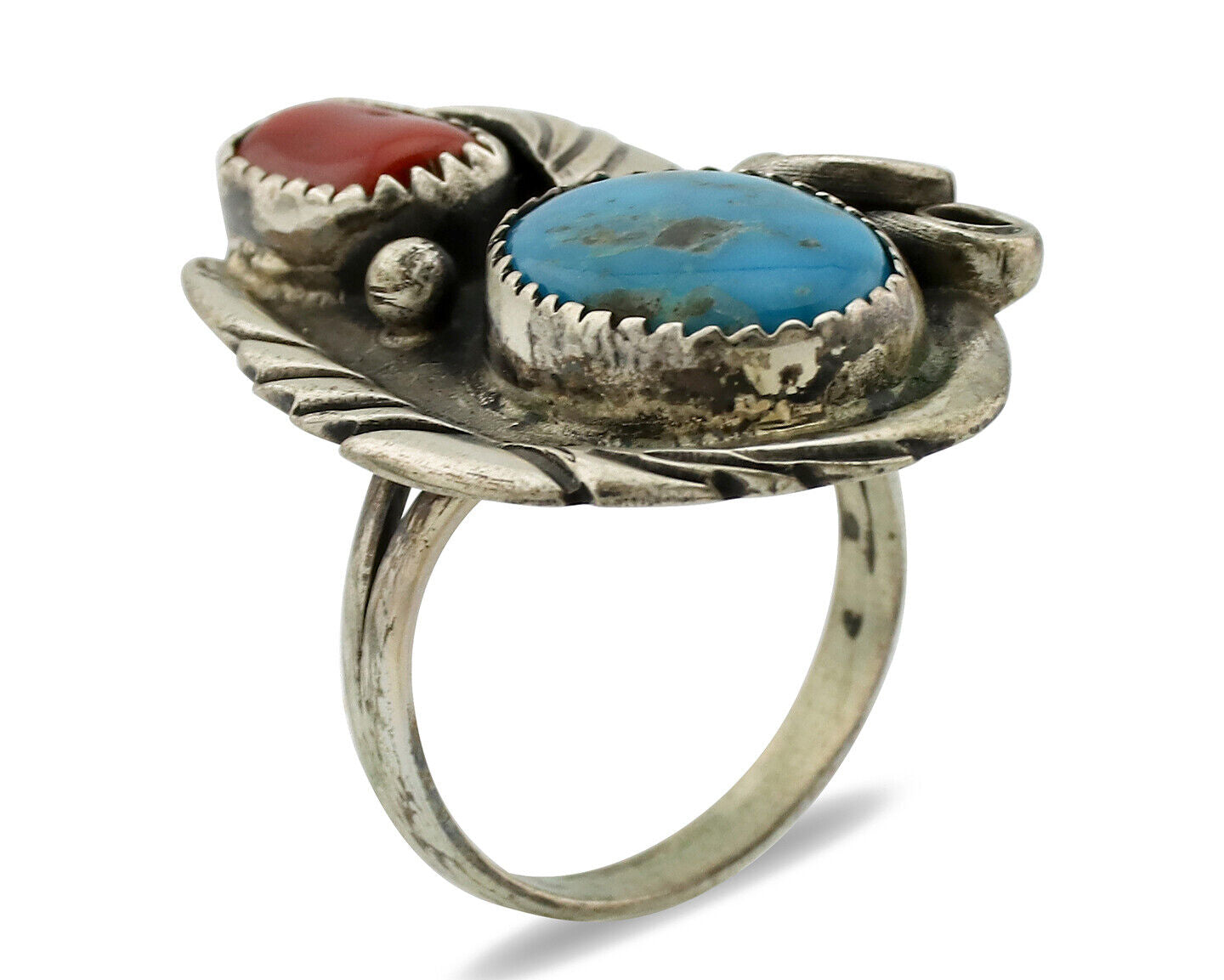 Navajo Ring 925 Silver Turquoise & Coral Artist Signed Native American C.80s