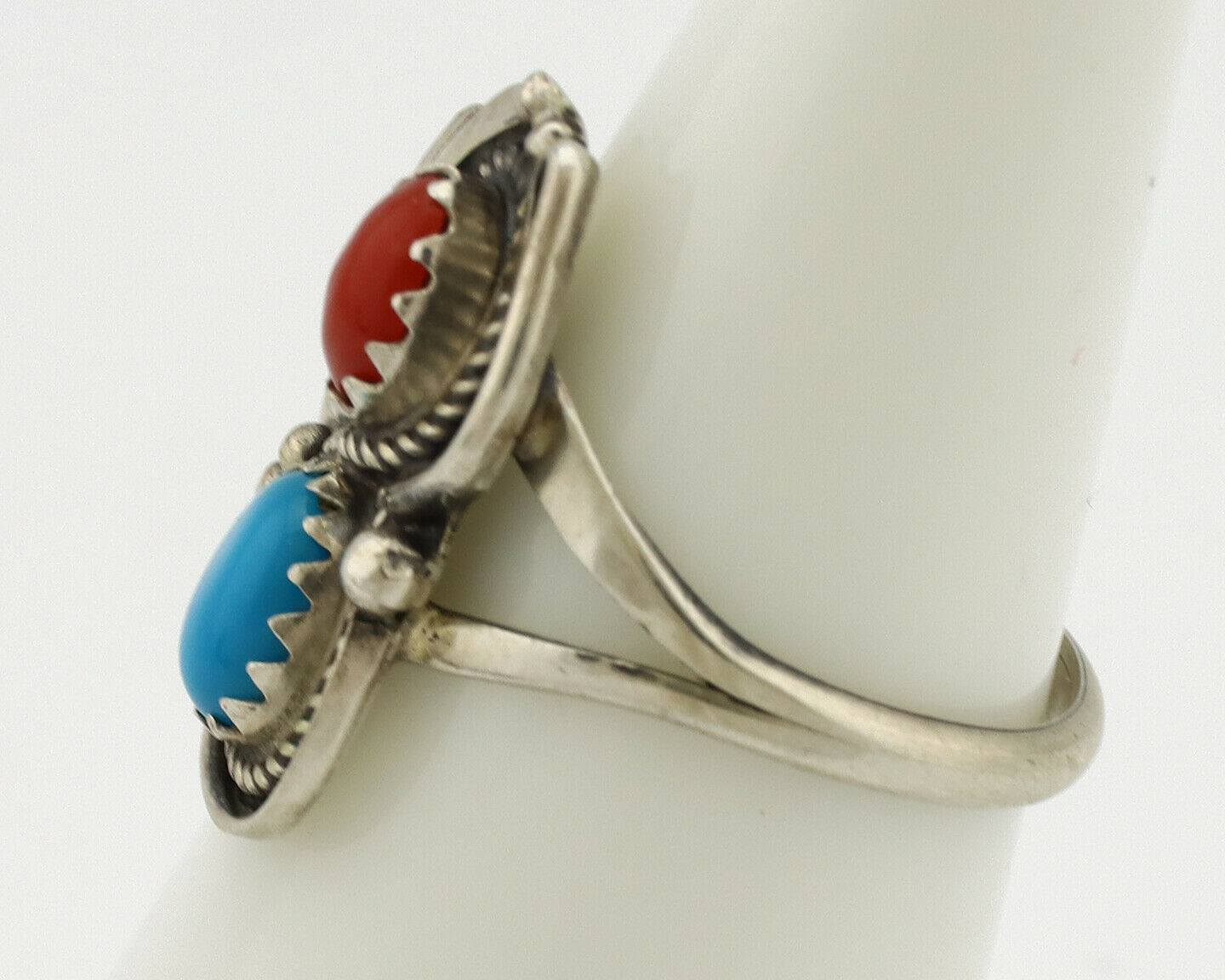 Navajo Ring .925 Silver Morenci Turquoise & Coral Native Artist Signed JM C.80's