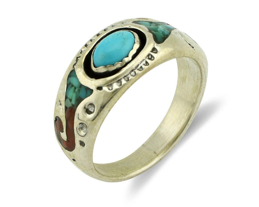 Navajo Handmade Ring 925 Silver Blue Turquoise & Coral Native American C.80's