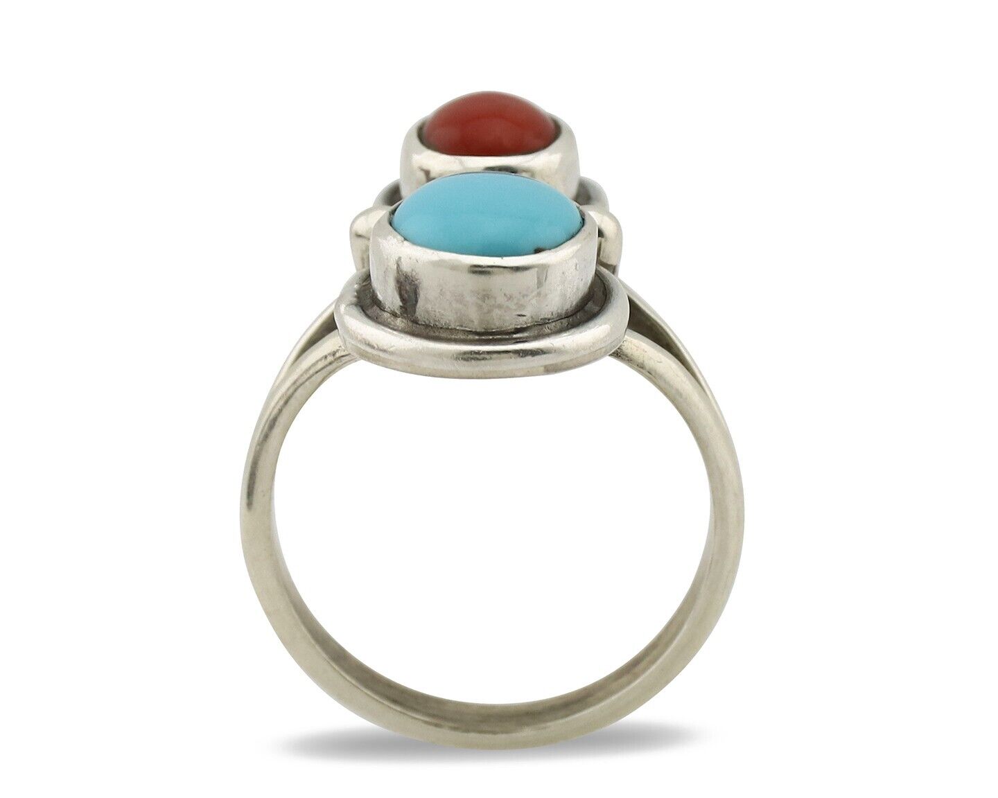 Navajo Handmade Ring 925 Silver Coral & Turquoise Native American Artist C.80's