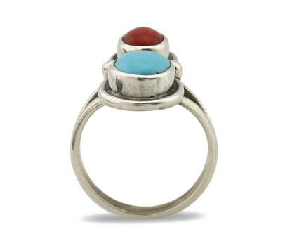 Navajo Handmade Ring 925 Silver Coral & Turquoise Native American Artist C.80's