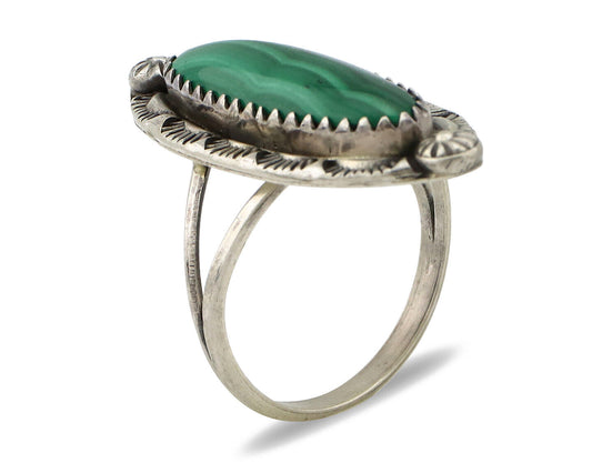 Navajo Ring 925 Silver Natural Malachite Artist Native American Signed H C.80's
