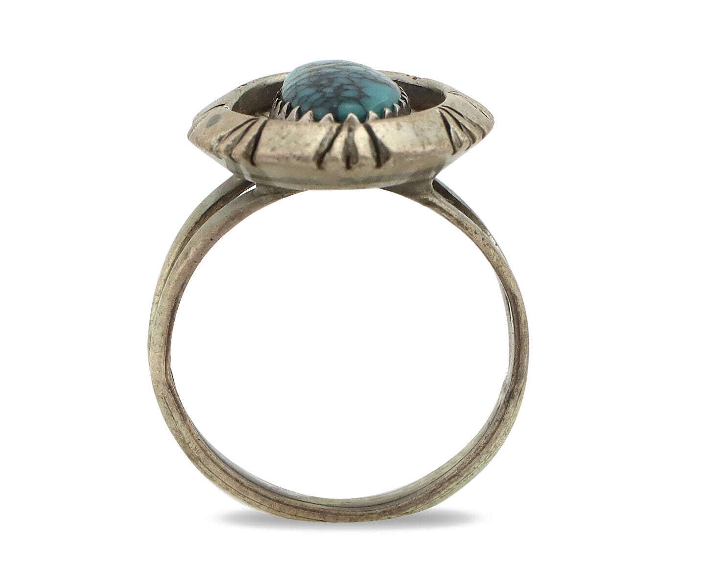 Navajo Ring 925 Silver Natural Black Spiderweb Turquoise Native Artist C.80's