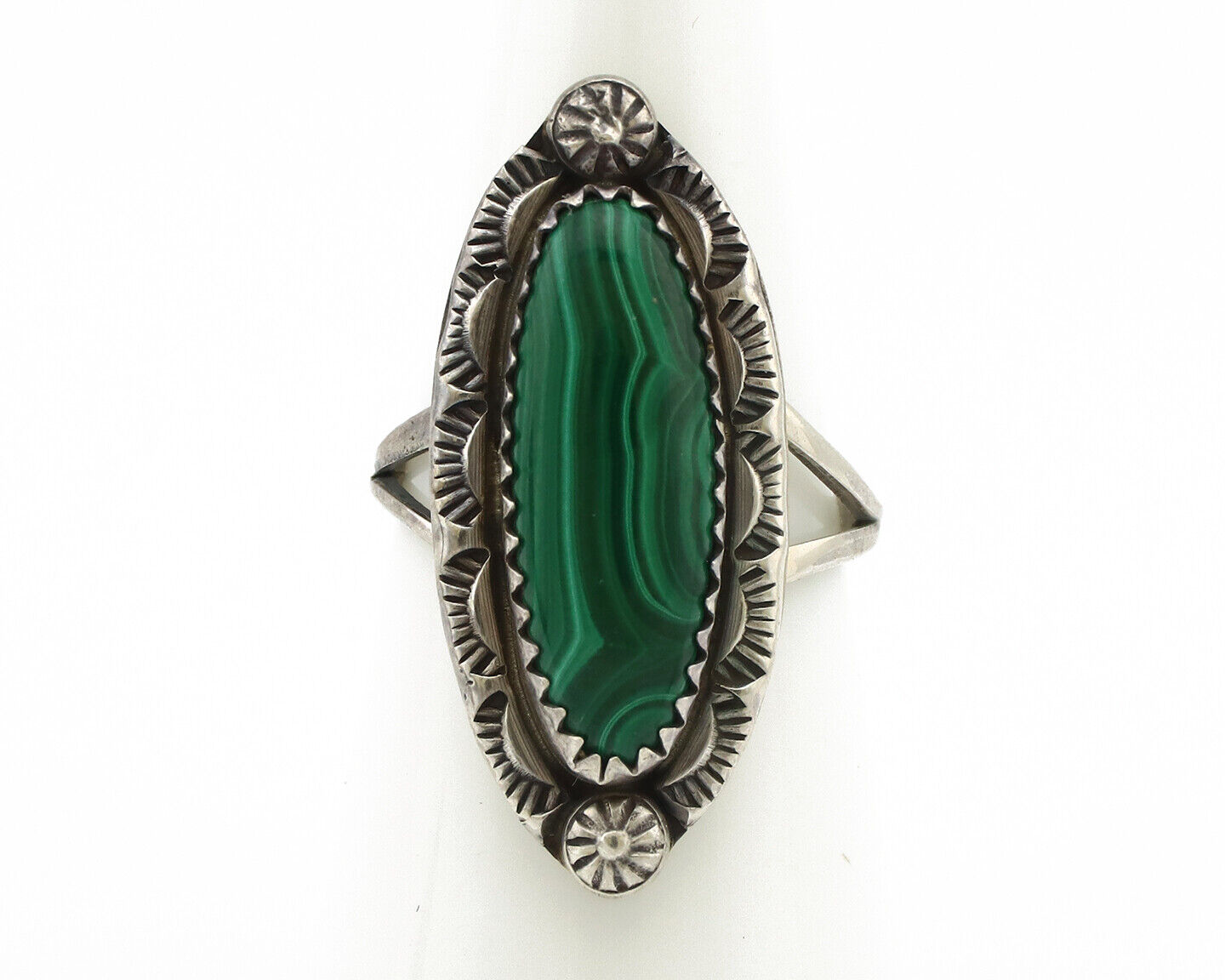 Navajo Ring 925 Silver Natural Malachite Artist Native American Signed H C.80's