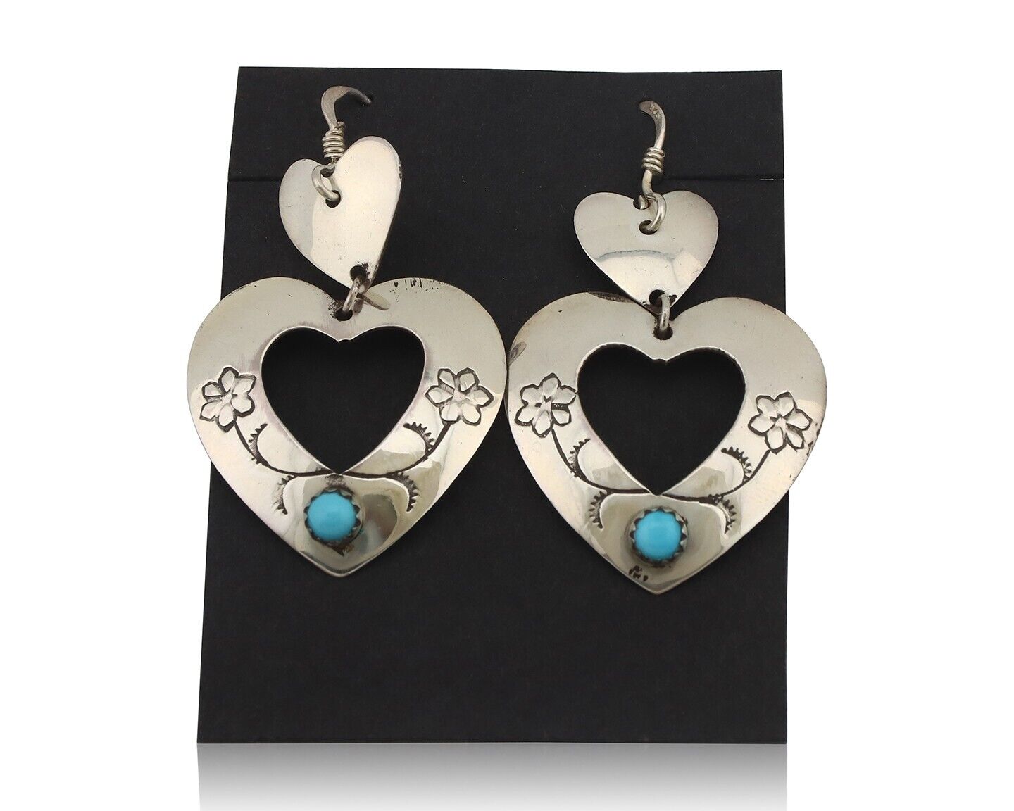 Navajo Dangle Heart Earrings Handmade 925 Silver Blue Turquoise Native Artist
