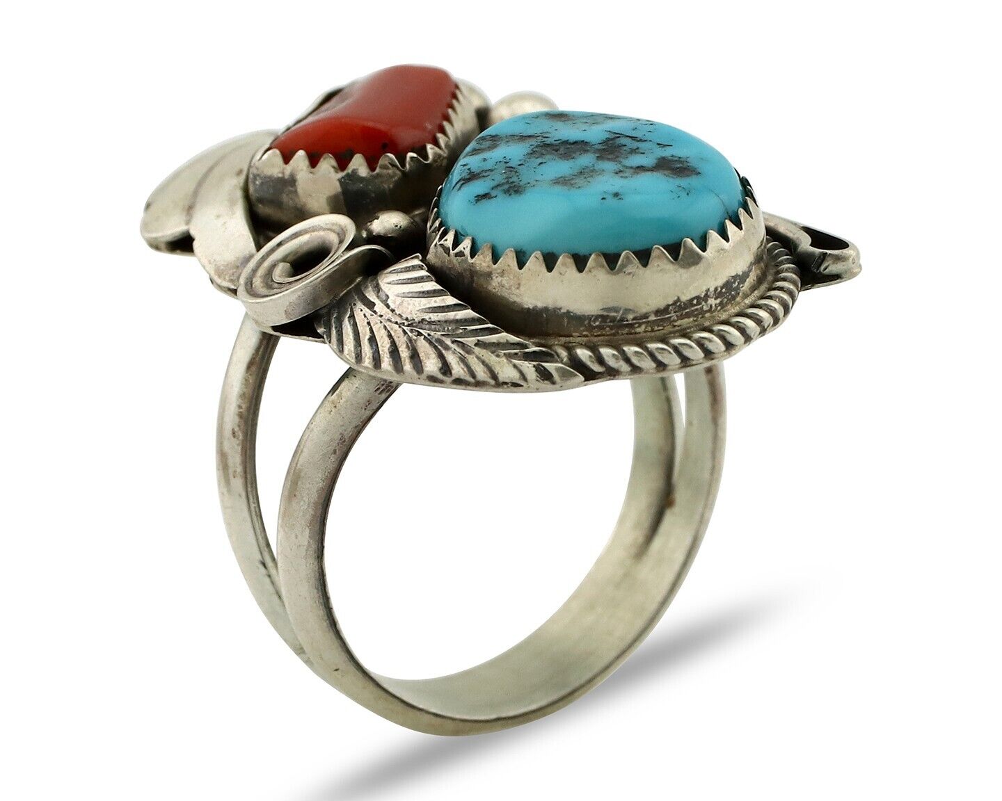 Navajo Ring 925 Silver Blue Turquiose & Coral Artist Signed Justin Morris C.80's
