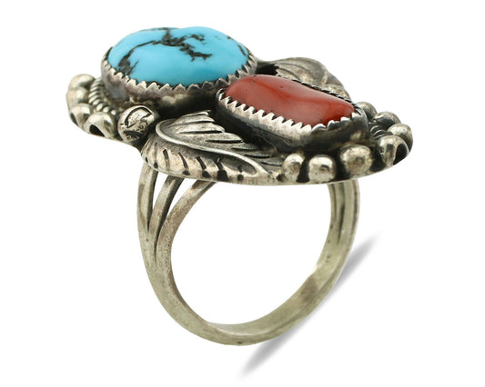 Navajo Ring .925 Silver Turquoise & Coral Artist Signed Thomas Singer C.80's