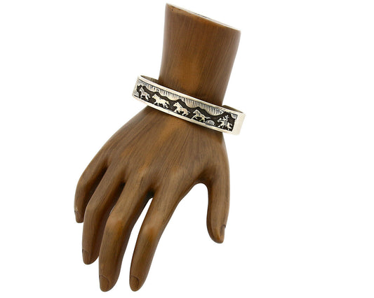 Navajo Bracelet .925 Silver Hand Stamped Overlay Signed HY C.80's