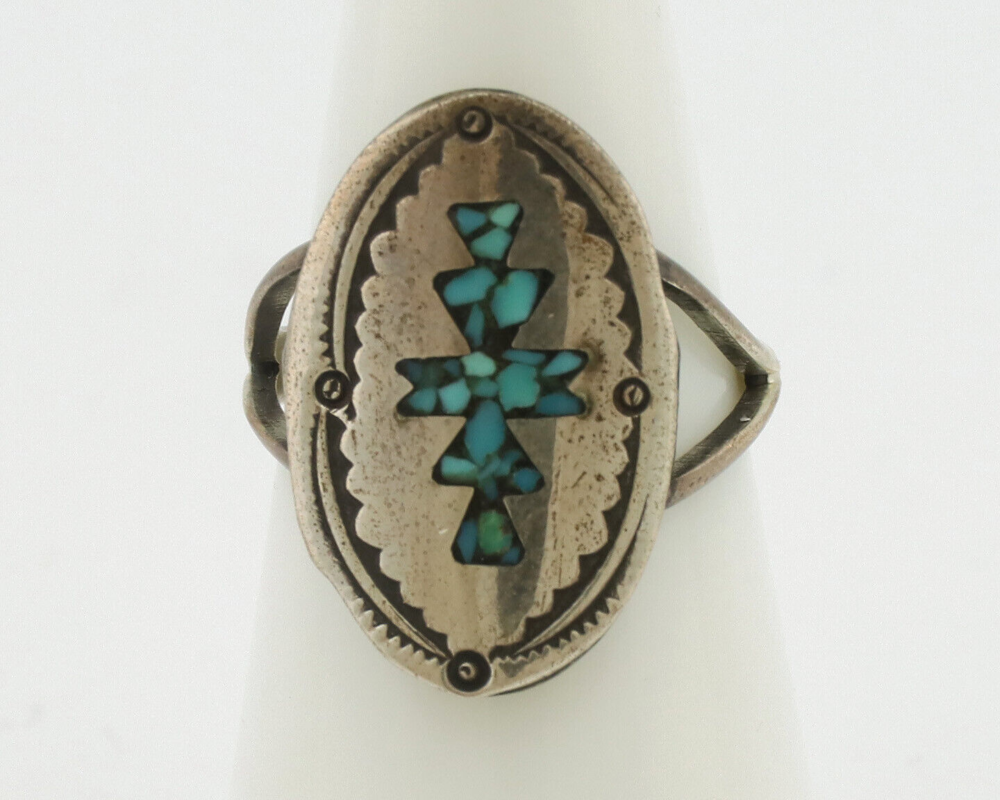 Navajo Ring 925 Silver Chip Inlay Turquoise Artist Signed NAKAI C.80's