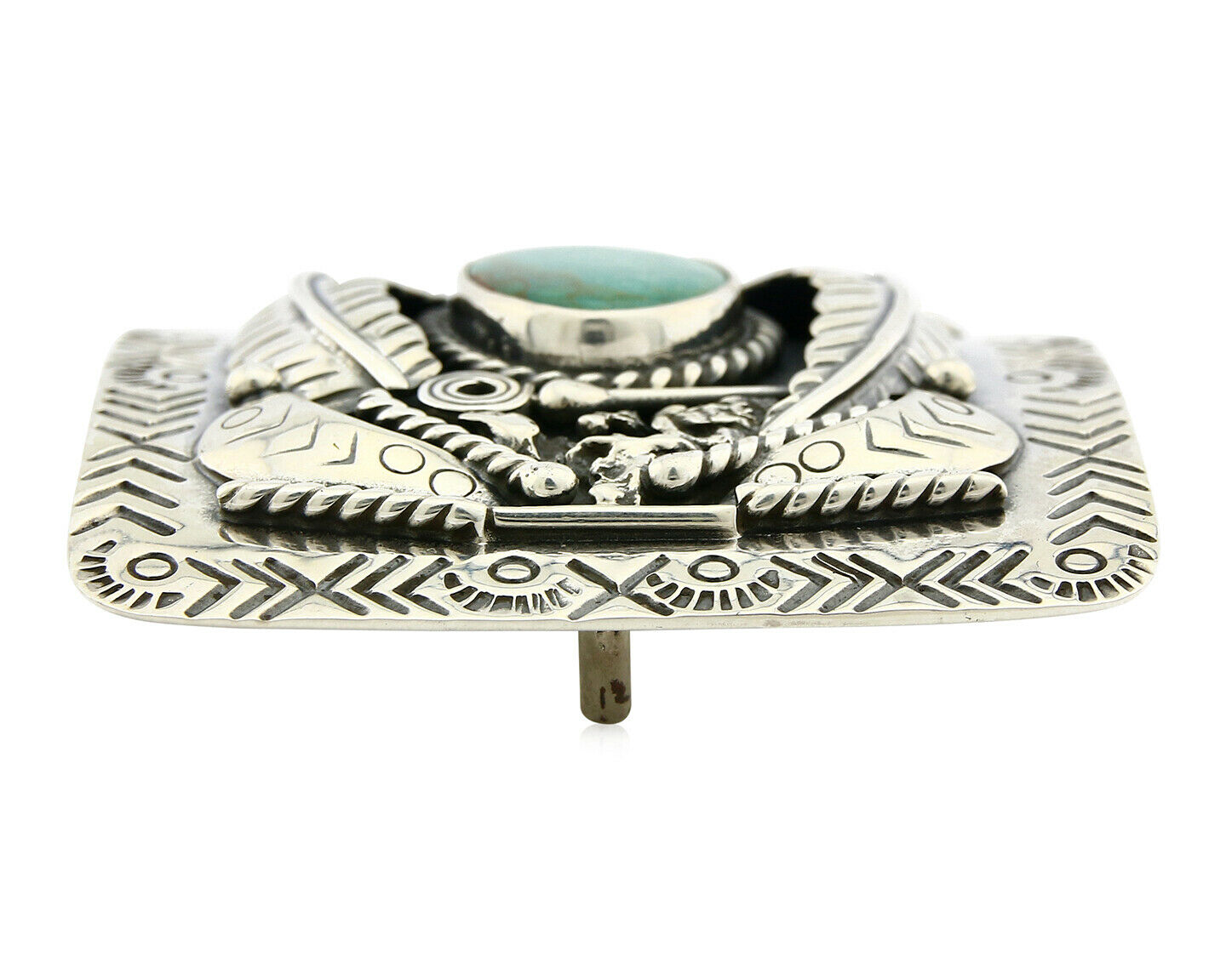 Navajo Belt Buckle .925 Silver Morenci Turquoise Artist Signed Tipi C.80's