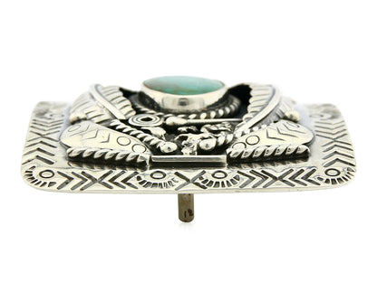 Navajo Belt Buckle .925 Silver Morenci Turquoise Artist Signed Tipi C.80's