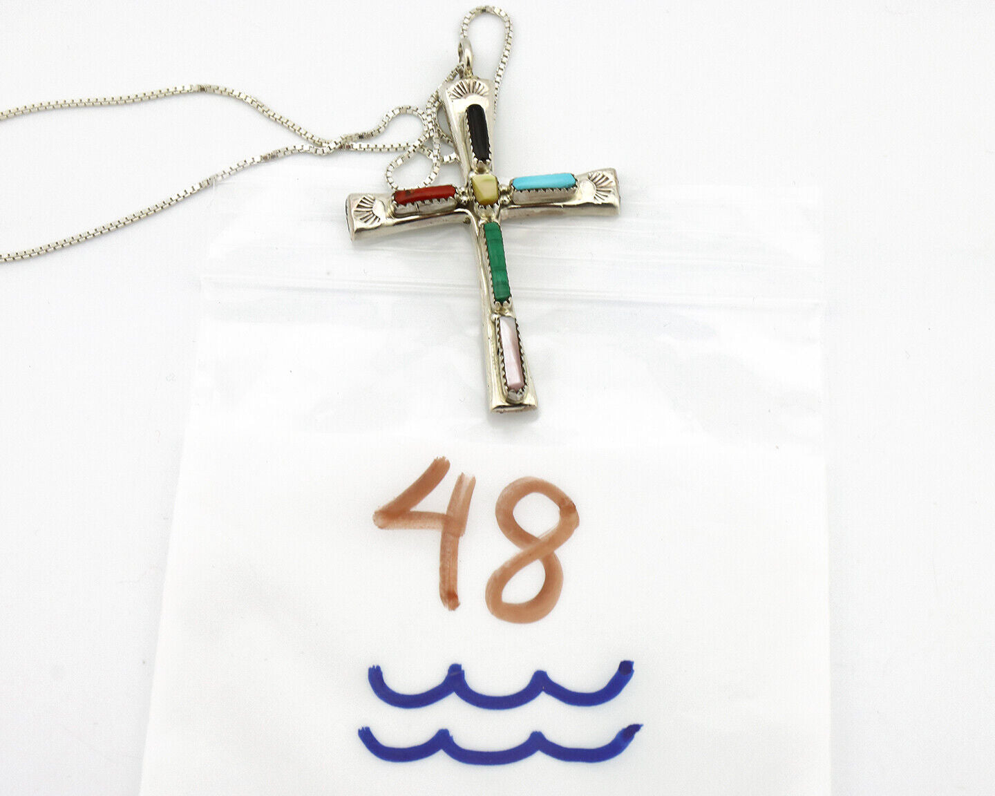 Zuni Handmade Cross Necklace 925 Silver Natural Gemstone Signed L. IULE C.80's