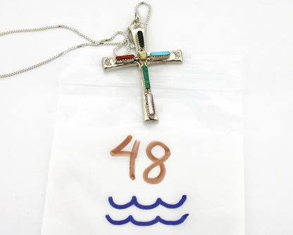 Zuni Handmade Cross Necklace 925 Silver Natural Gemstone Signed L. IULE C.80's