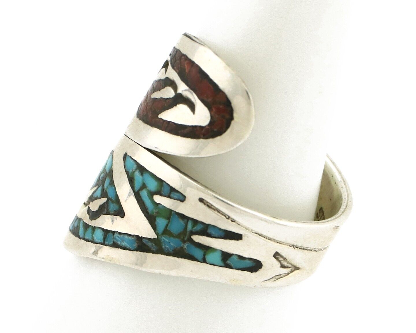 Navajo Chip Inlay Ring 925 Silver Turquoise & Coral Artist Native Artist C.80's
