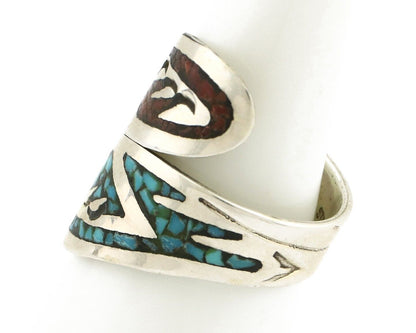 Navajo Chip Inlay Ring 925 Silver Turquoise & Coral Artist Native Artist C.80's