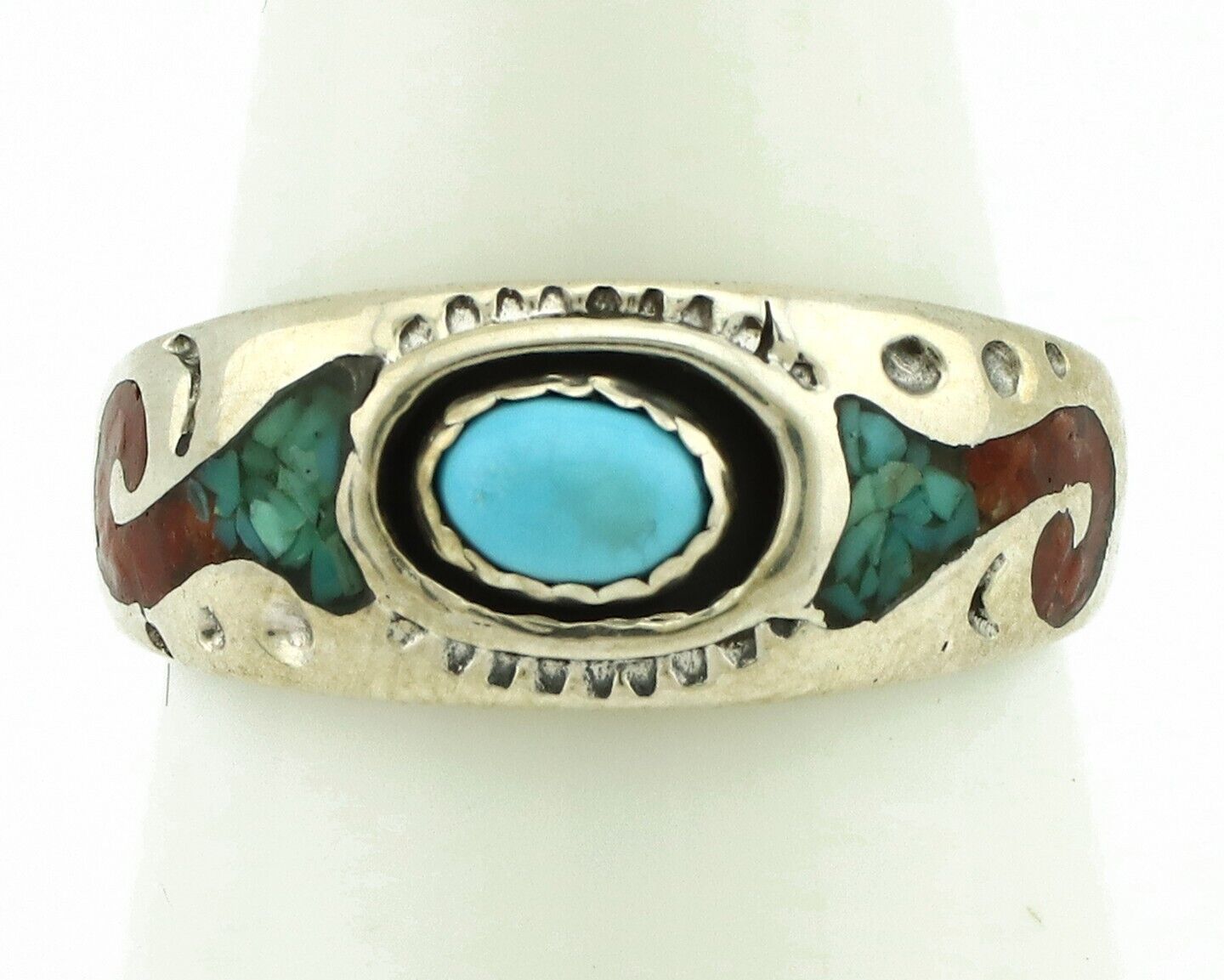 Navajo Handmade Ring 925 Silver Blue Turquoise & Coral Native American C.80's