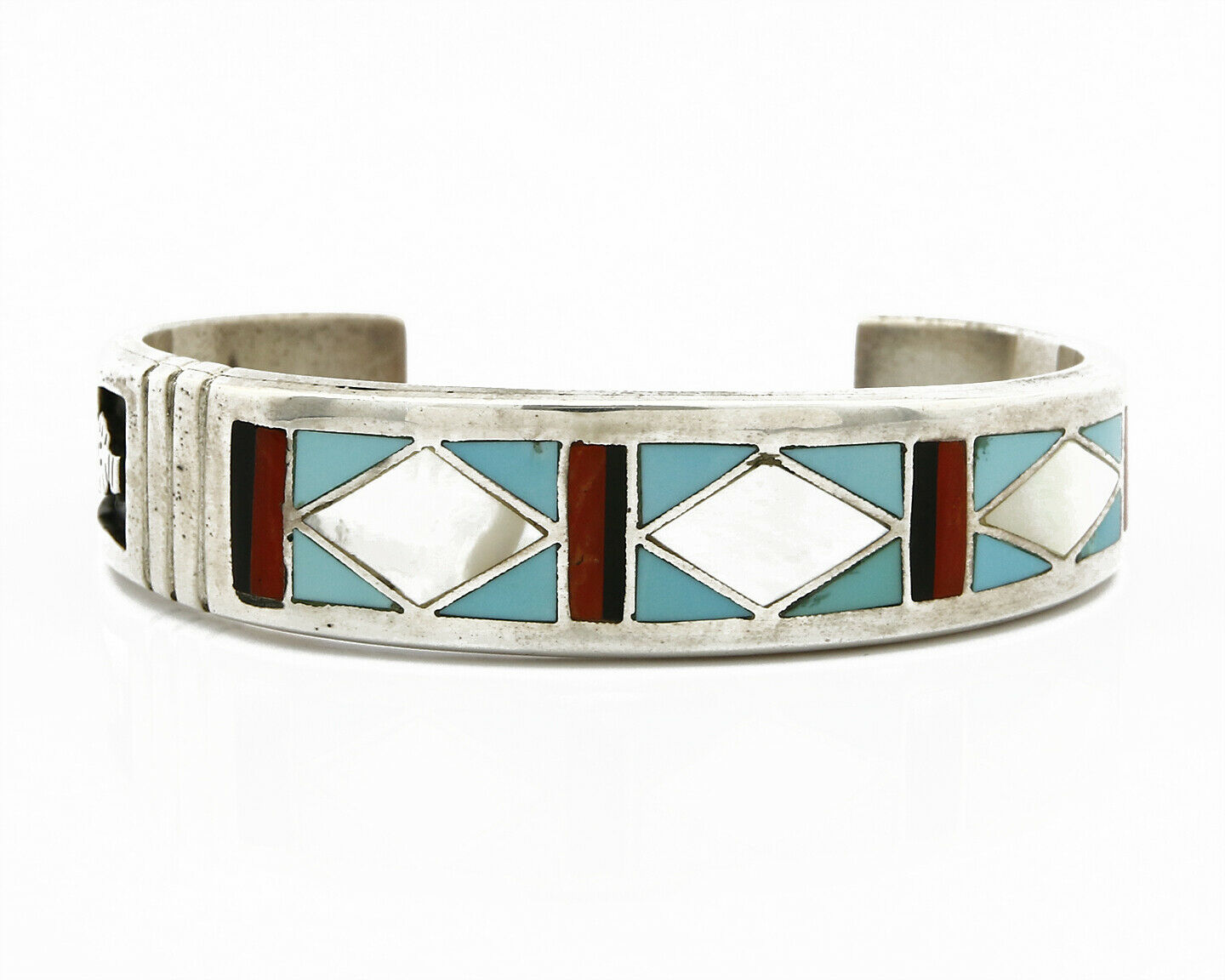 C. 1980's Zuni Inlaid Gemstone .925 Silver Handmade Cuff Bracelet