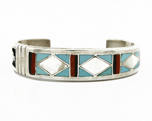 C. 1980's Zuni Inlaid Gemstone .925 Silver Handmade Cuff Bracelet