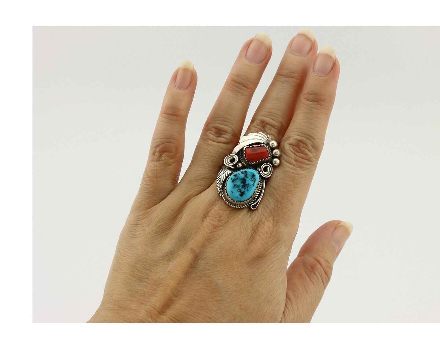 Navajo Ring 925 Silver Blue Turquiose & Coral Artist Signed Justin Morris C.80's