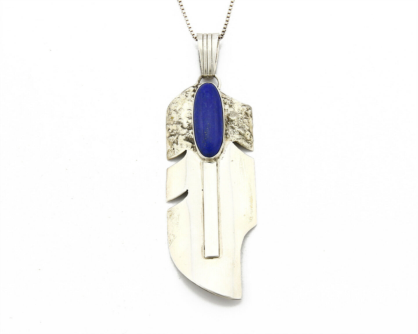 C.1990's Navajo Signed William Denetdale .925 Silver Lapis Feather Necklace