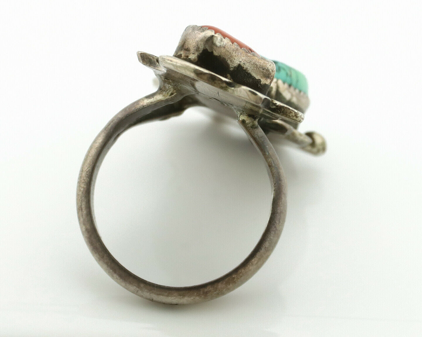 Navajo Ring .925 Silver Turquoise & Coral Native American Artist C.1980's