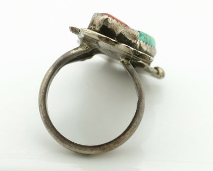 Navajo Ring .925 Silver Turquoise & Coral Native American Artist C.1980's