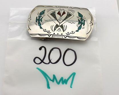 Navajo Belt Buckle 925 Silver Handmade Chip Inlay Artist Signed Henry Baca C.80s