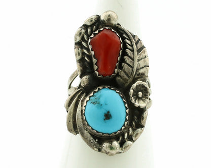Navajo Ring .925 Silver Turquoise & Coral Artist Signed Thomas Singer C.80's