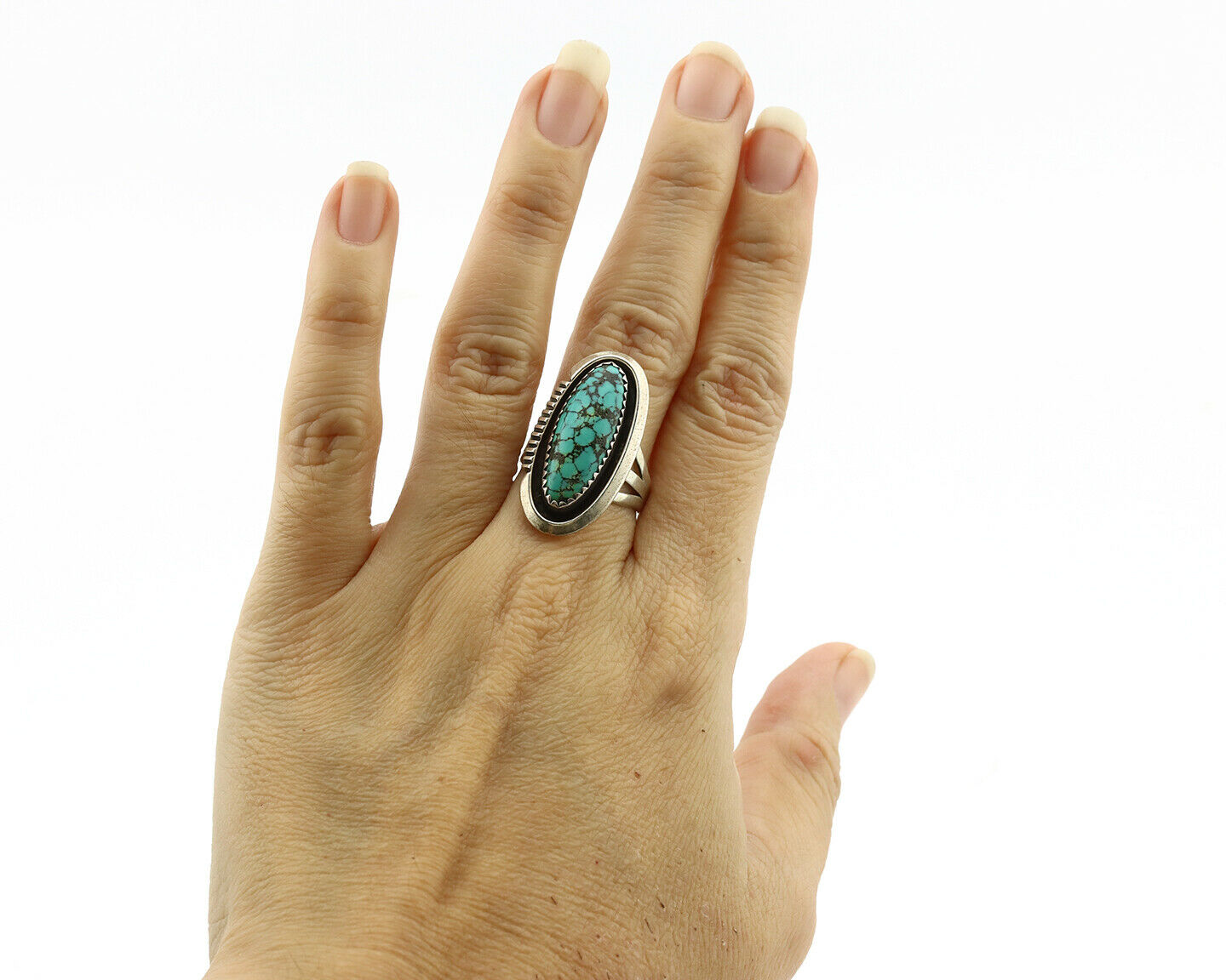 Navajo Ring .925 Silver Spiderweb Turquoise Native American Artist C.1980's