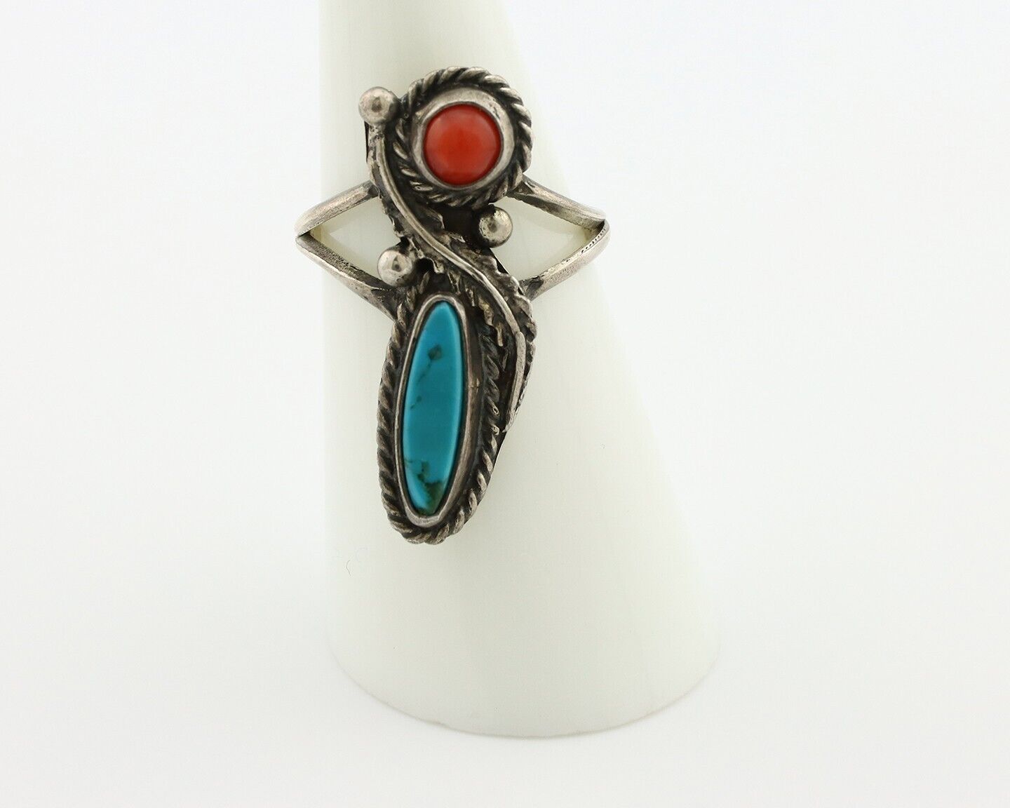 Navajo Handmade Ring 925 Silver Turquiose & Coral Native American Artist C.80's