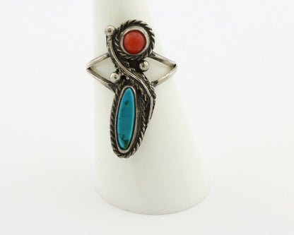 Navajo Handmade Ring 925 Silver Turquiose & Coral Native American Artist C.80's