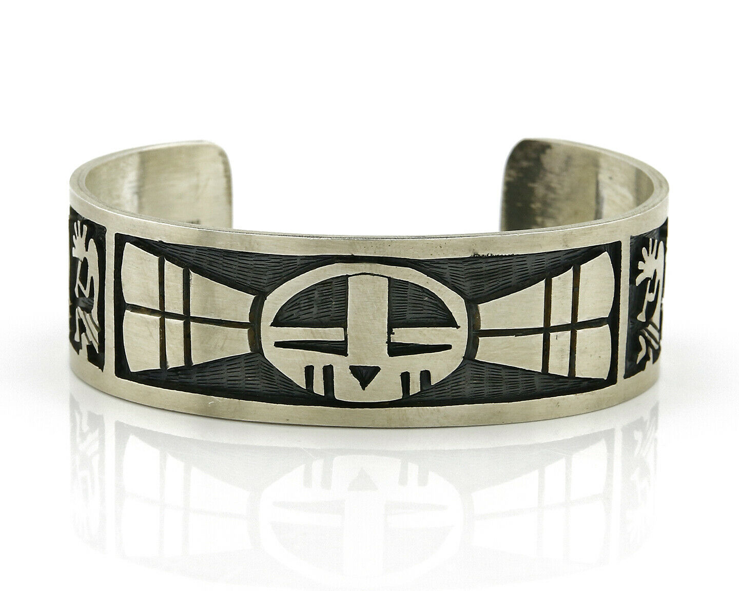 Hopi Bracelet .925 Silver Handmade Kokopelli Corn Sun Overlay Cuff
