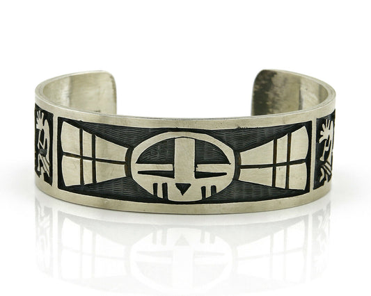Hopi Bracelet .925 Silver Handmade Kokopelli Corn Sun Overlay Cuff