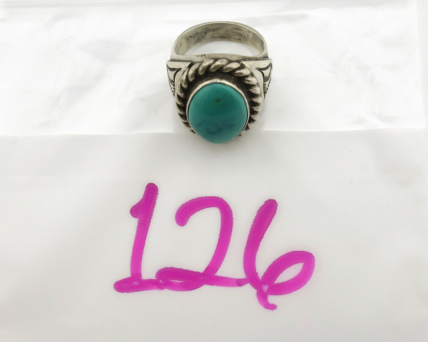 Navajo Ring .925 Silver Green Turquoise Artist Signed Apache Manufacturing C80s