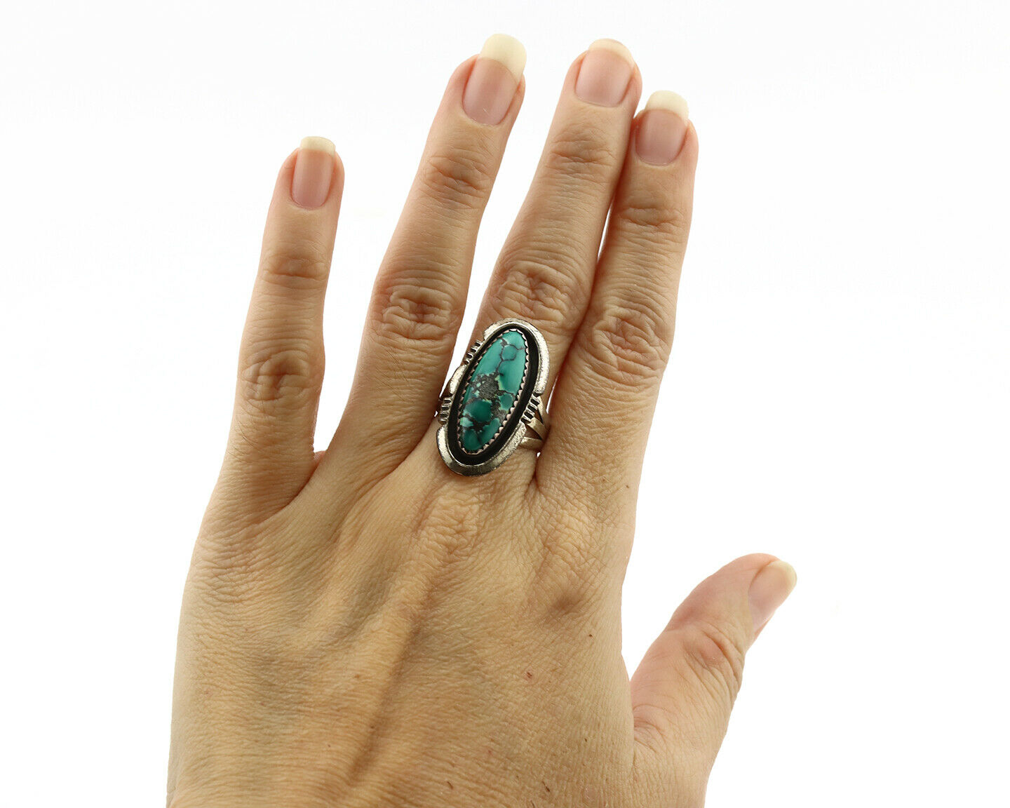 Navajo Ring .925 Silver Spiderweb Turquoise Native American Artist C.1980's