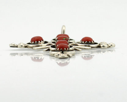 Zuni Handmade Cross Necklace 925 Silver Red Coral Artist Signed NOM? C.80's