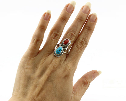 Navajo Ring .925 Silver Red Coral & Blue Turquoise Native Artist C.80's