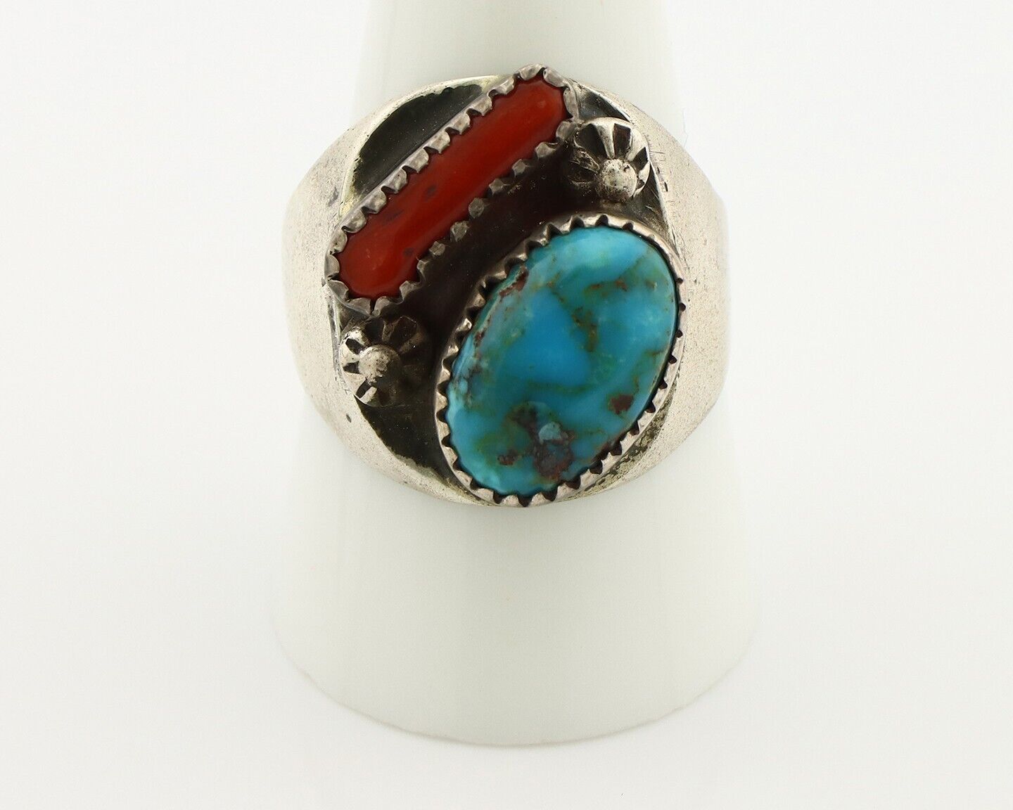 Navajo Ring 925 Silver Blue Turquiose & Mediterranean Coral Native Artist C.80's