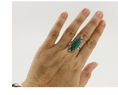 Navajo Ring .925 Silver Malachite Hand Stamped Signed Herman Lee C.80's