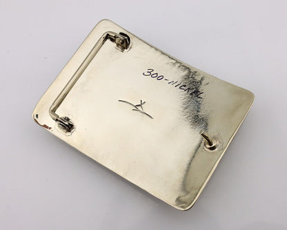 Men Navajo Belt Buckle 999 Nickel Malachite Artist Signed Teepee Handmade C80s