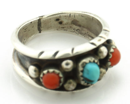 Navajo Ring 925 Silver Coral & Sleeping Beauty Turquoise Native Artist C.70's