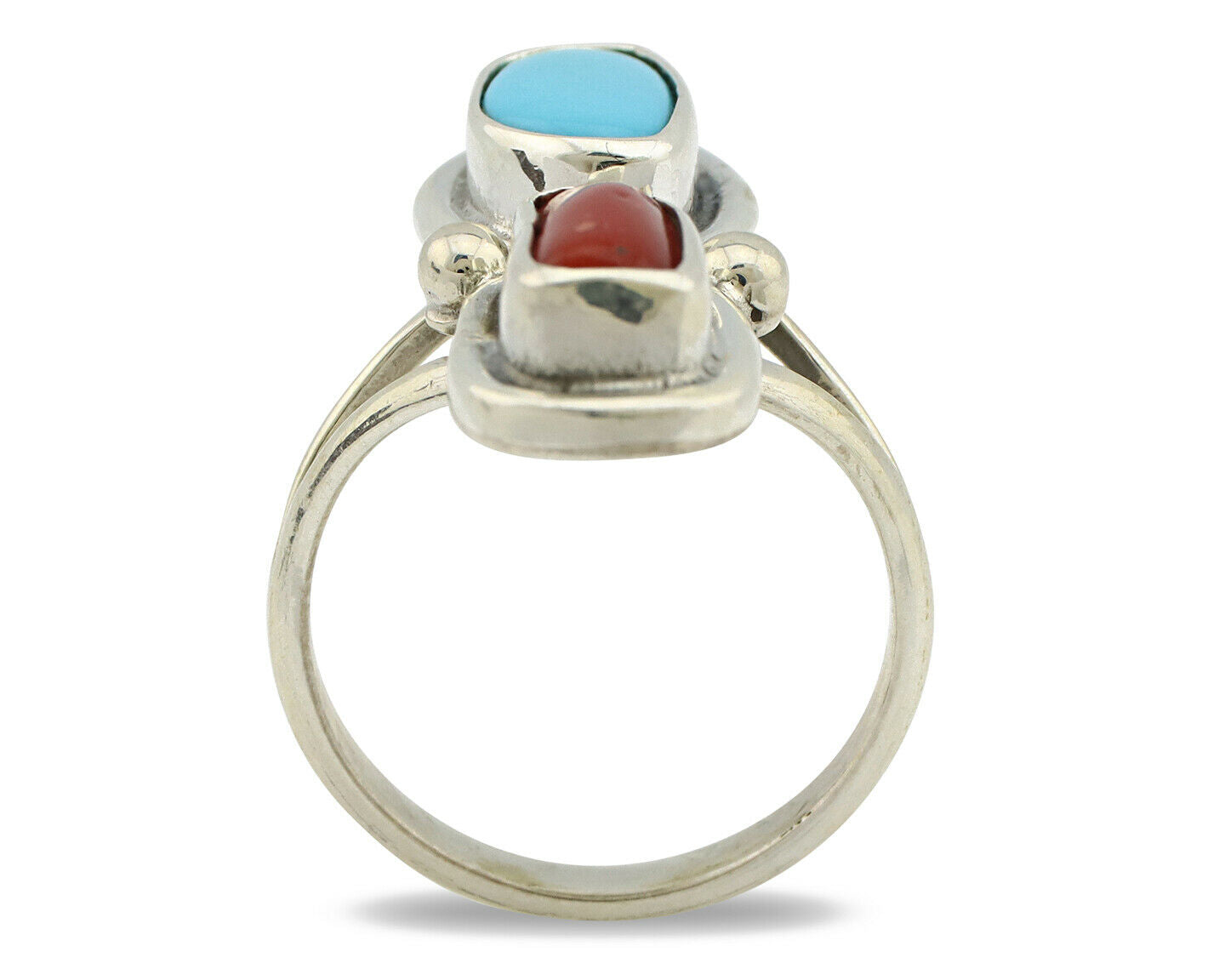 Navajo Ring .925 Silver Blue Turquoise & Red Coral Native American Artist C.80's
