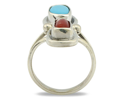 Navajo Ring .925 Silver Blue Turquoise & Red Coral Native American Artist C.80's