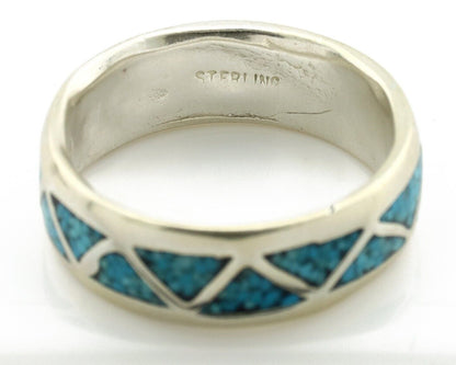 Navajo Chip Inlay Ring 925 Silver Sleeping Beauty Turquoise Artist Silver Cloud