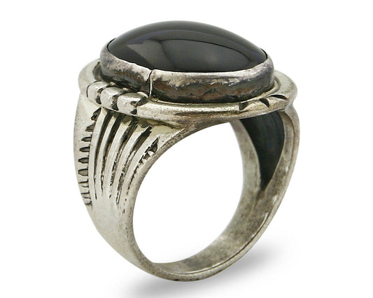 Women's Navajo Ring .925 SOLID Silver Hand Stamped Black Onyx Signed MP
