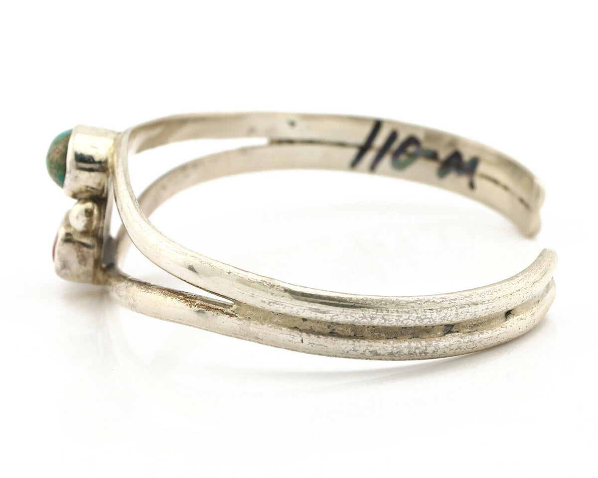 Navajo Bracelet .925 Silver Turquoise & Coral Artist Native American C.1980's
