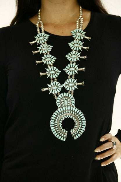 Huge Navajo Squash Necklace .925 Silver Blue Turquoise Artist F.M. Begay