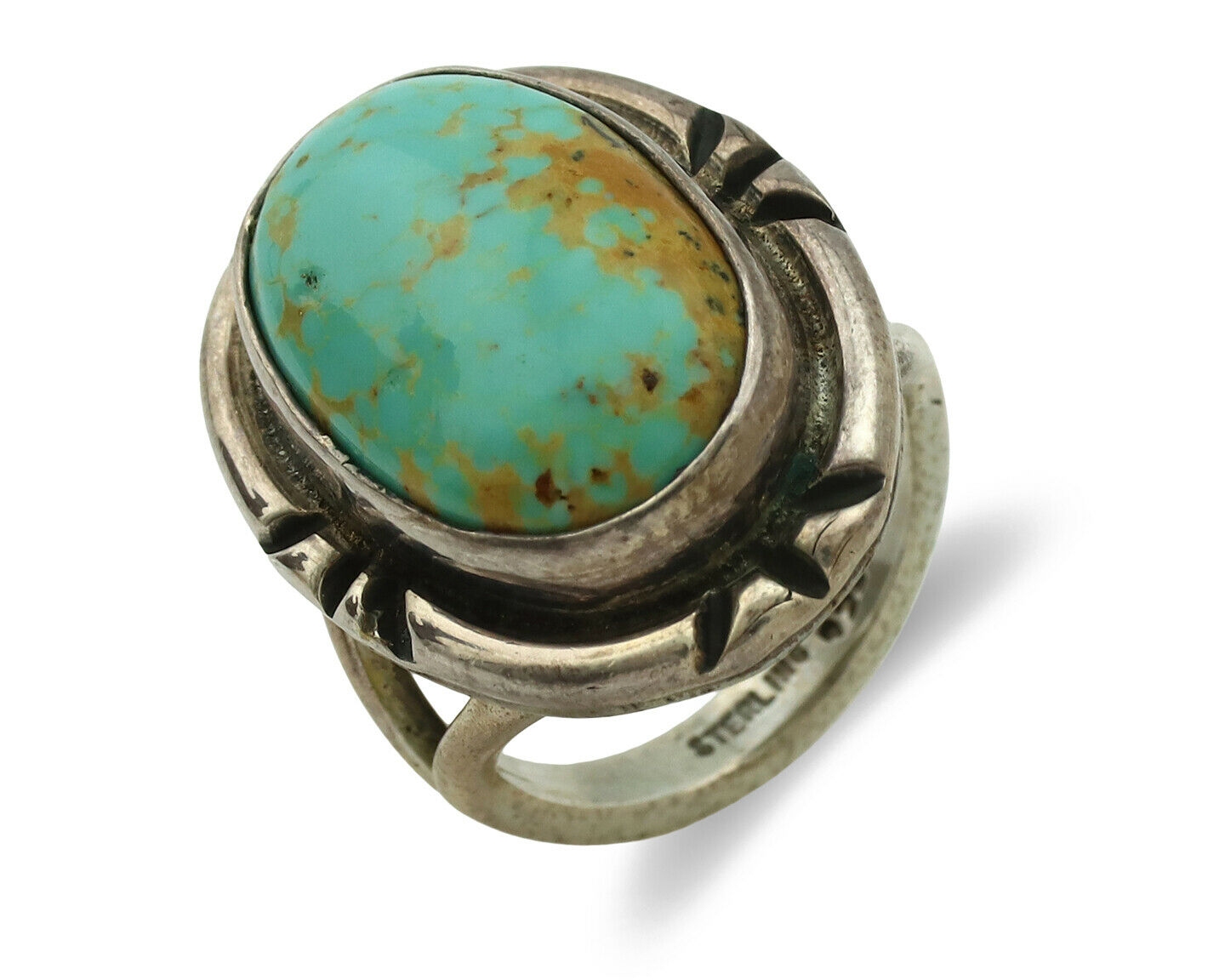 Navajo Ring .925 Silver Kingman Turquoise Artist Signed Gecko C.1980's